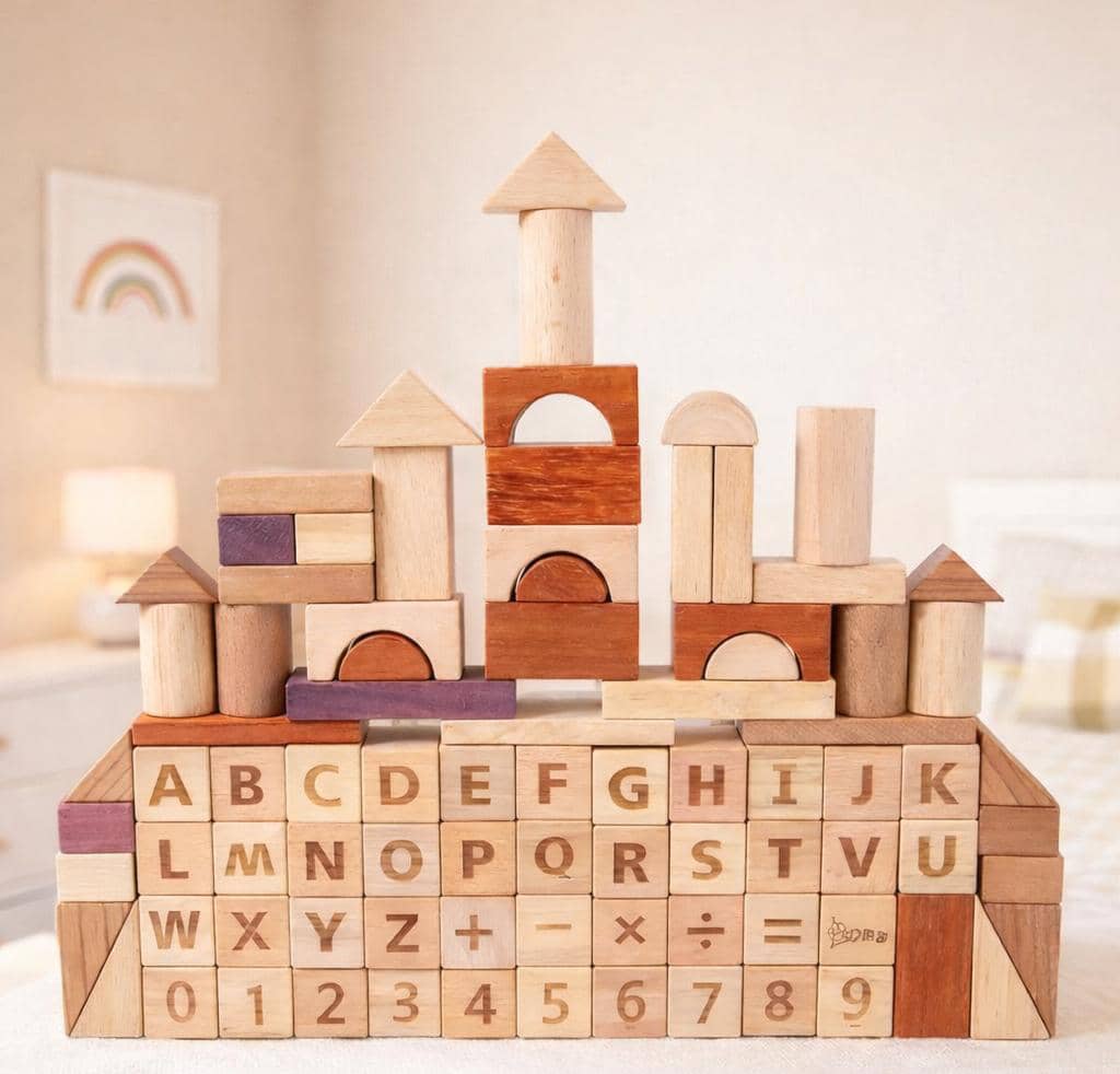 3-in-1-Lernspiel aus Holz (Alphabet + Zahlen + Konstruktion)